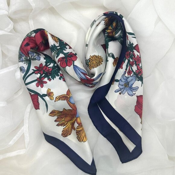 New Elegant Bandana Square Silky Scarf BLACK Flowers Garden Versatile Shawl Wrap - Picture 2 of 5